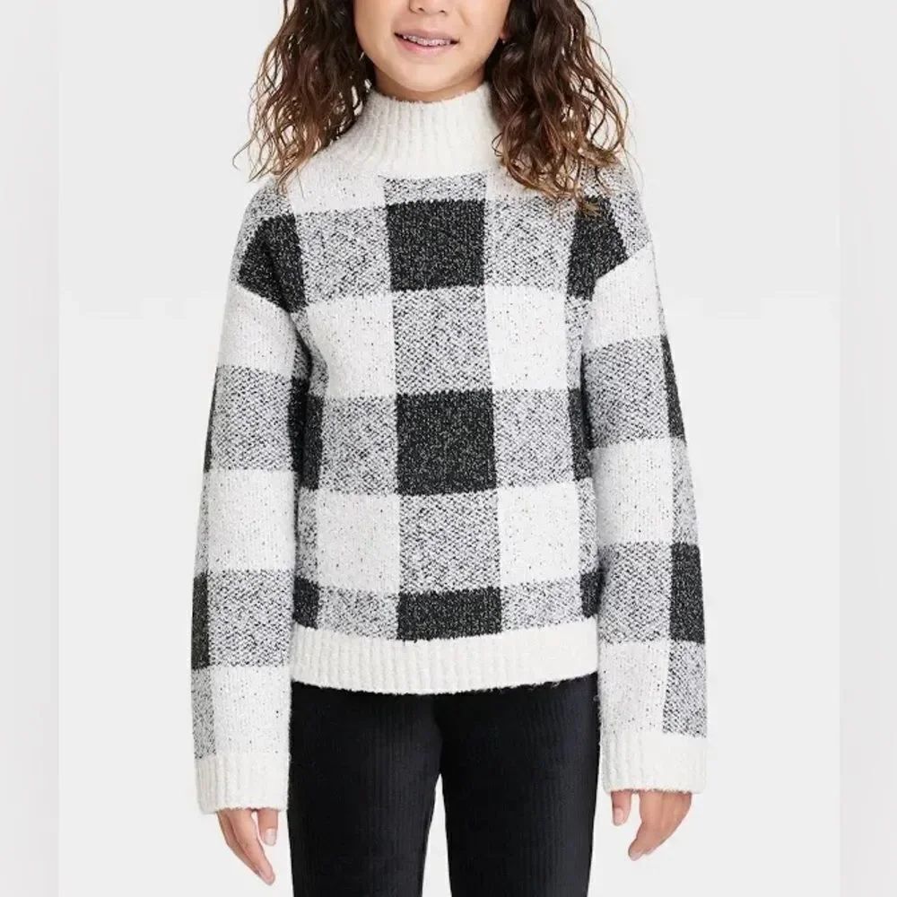 Cat & Jack chunky black white plaid mock neck stretch  Christmas sweater 10/12